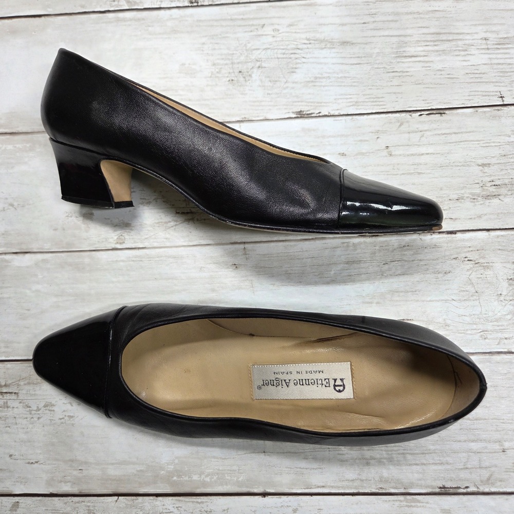 Etienne Aigner Cap Toe Pump Block Heel Women 8.5 M Black Leather Made in Spain